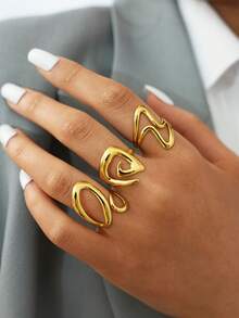 3pcs/1set 18K Gold Plated Abstract Wave Ring Set, 304 Stainless Steel Rings, Polished Shiny Finish, Minimalist Fashion Jewelry For Women, Hypoallergenic Design Suitable For Daily Wear And Party Looks, Ideal For Summer Vacation, Western Jewelry Sliding Rings, Women Beach Accessories, Thick Jewelry - Multicolor - View 5