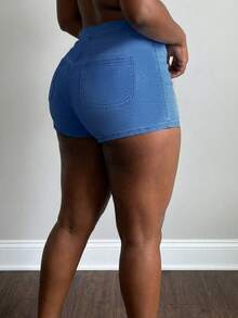 Quần short denim ôm sát cạp trung cơ bản dành cho nữ, kiểu dáng tối giản, ôm sát. - Rửa trung bình - Xem 2