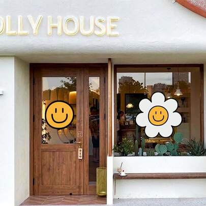 Pegatina de puerta de vidrio con cara sonriente, estilo popular de , adecuada para salones de belleza, tiendas de ropa y cafeterías de burbuja; decoración de ventana con adhesión estática, sin adhesivo.