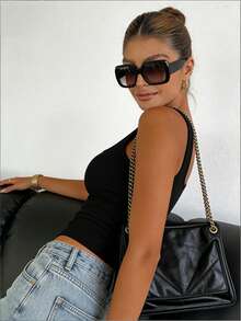 Women Plus Size White Casual Basic Deep U-Neck Narrow Ribbed Sleeveless Top With Side Pleated Detail - Black - View 3