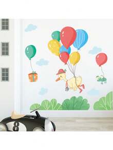 Cartoon Painted Balloon Duck Cloud Plant Self-Adhesive Wall Sticker, Whimsical Garden Sky Theme, PVC Material Funny Wall Mural, Removable Colorful Cute Design For Living Room Bedroom Kids Room Decor - Painted Balloon Duck - View 4