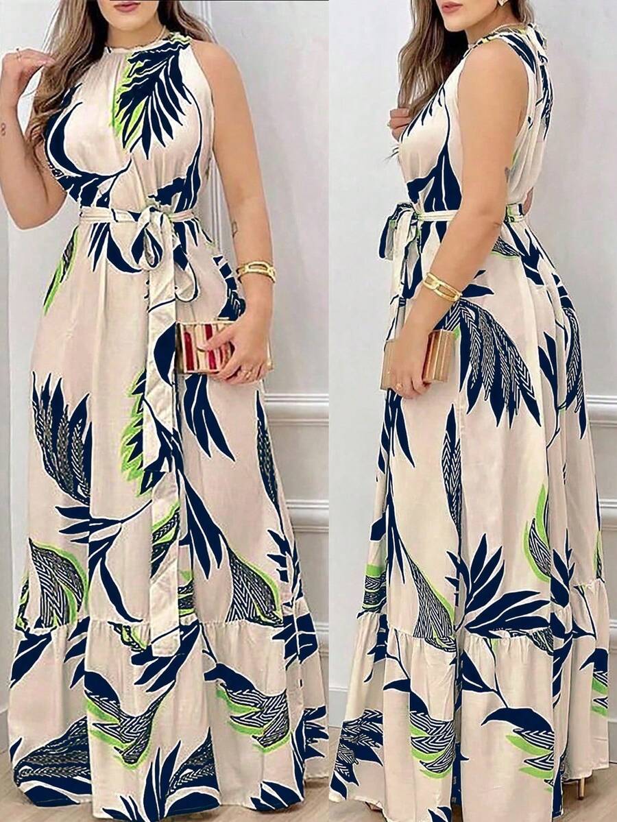 Women's Casual Sleeveless Dress With Botanical Print, Elegant, Summer, Boho Dress With Belt, Gathered Hem, Round Neck Gathered Sleeves, Regular Fit, Long With Tropical Floral Print - 海軍藍 - 查看 1