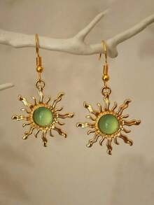 1 Pair Bohemian Style Baroque Sunflower Faux Jade Plated Dangle Earrings, Elegant & Fashionable Earring Hooks - 太陽 - 查看 13