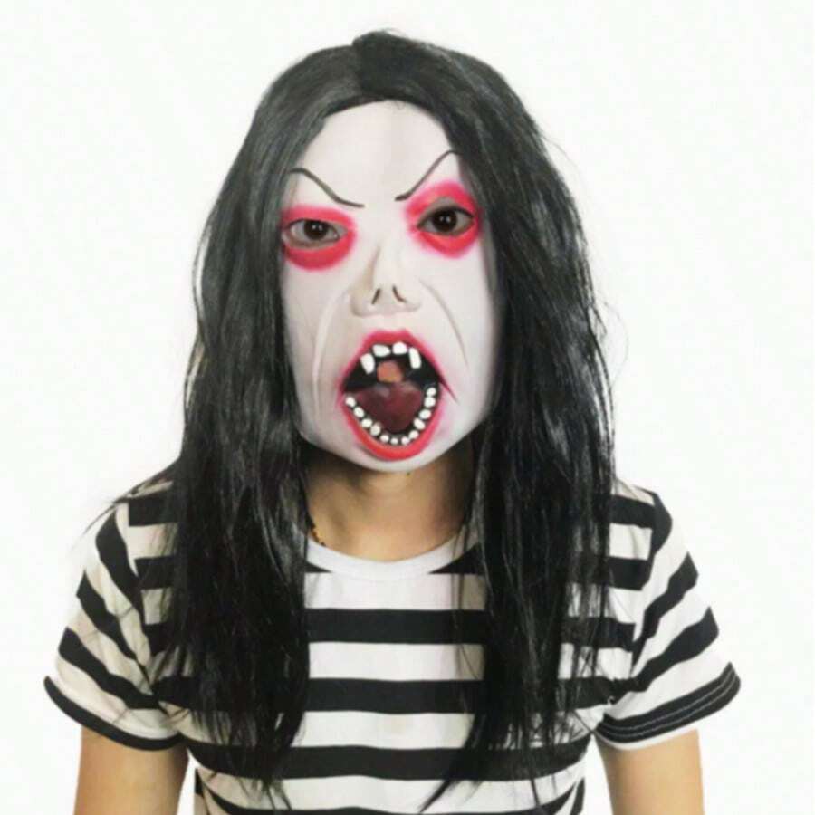 Mặt nạ ma quỷ tóc đen dài đáng sợ, phụ kiện đội đầu hóa trang Halloween hình quỷ trắng rùng rợn, đạo cụ chơi khăm. - Nhiều màu - Xem 1