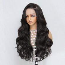 13x6蕾丝假发，黑色长卷发，女士假发，耐热丝绸材质，适合日常佩戴 - 黑色 - 查看 4