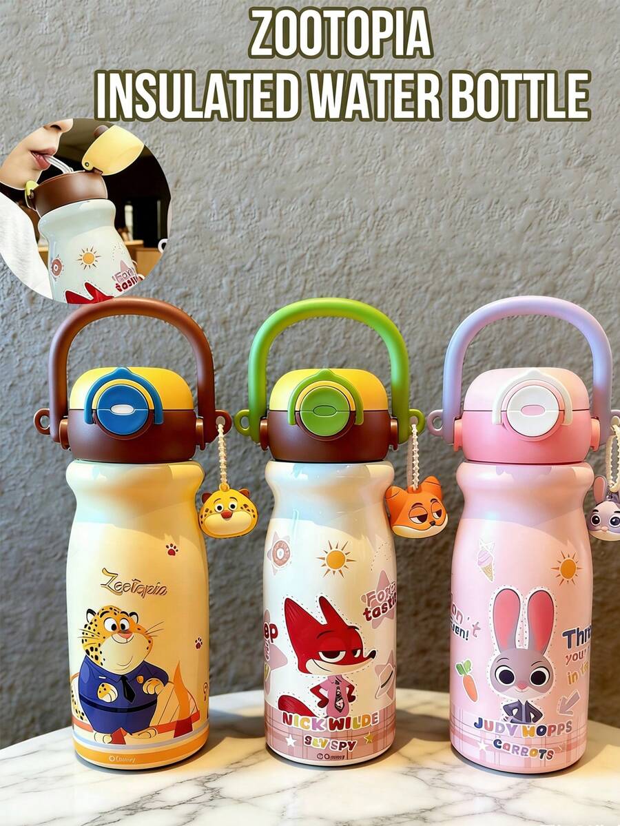 迪士尼疯狂动物城 550ml 真空保温杯，朱迪·霍普斯和尼克·王尔德豹纹图案，316 不锈钢内胆，304 不锈钢外胆，吸管/直饮双用设计，持久保温，防漏密封，一键开盖，配有挂绳方便携带，精致 3D 卡通印花，耐刮耐用，易于清洁，适合居家、办公、户外旅行，是送给卡通迷、动漫爱好者、家人、朋友和同事的绝佳礼物。
