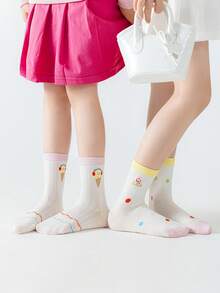 5双装女童卡通水果字母印花透气网眼中筒袜，清爽百搭可爱袜子，学生日常休闲穿着 - 彩色 - 查看 4