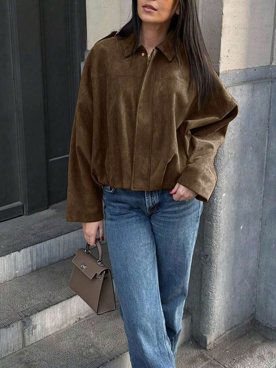 Chaqueta casual urbana de unicolor con bolsillo con cremallera delantera, chaqueta de manga larga relajada, adecuada para primavera y otoño - Bronce - Ver 1
