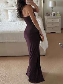 Damen einfarbiges plissiertes Neckholder-Rückenfreies Kleid, modisches elegantes figurbetontes Kleid für Sommer, Straße, Abendparty, formelle Anlässe - Rostbraun - Übersicht 4