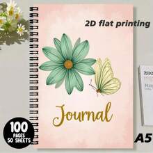 1 Peça Caderno de Espiral com Linhas Tamanho A5 com Padrão Floral Fresco e de Borboleta, Bottom Rosa Elegante com Flores Verdes e Borboletas Amarelo Claro, Texto "Diário" Adiciona Toque Artístico, Minimalista, Porém Prático, Proporciona Experiência Confortável para Escrita Diária e Registro de Inspiração, Combina Estética e Funcionalidade. - A - Visão 3