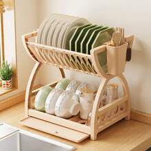 1 pieza Estante de almacenamiento de cocina de plástico multifuncional, escurridor de tazones y platos, organizador de utensilios de doble capa - Multicolor - Ver 7