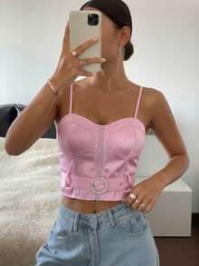 Top de tirantes para mujer ligero casual unicolor de moda con cinturón decorativo y lindos detalles en pedrería sexy para uso diario - Rosa - Ver 2