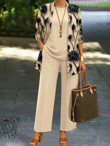 Plus Size Women's Fashionable Printed 3 Pieces Set Spring Elegant - 香檳色 - 查看 1