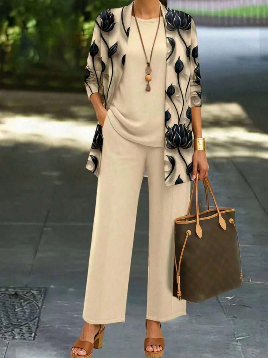 Plus Size Women's Fashionable Printed 3 Pieces Set Spring Elegant - 香檳色 - 查看 1