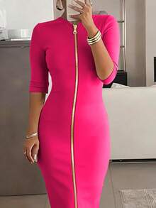 Elegant And Minimalist, This Cardigan Dress Features A Slim Fit, Zipper Design, Boat Neckline, And Midi Length, Making It An Ideal Choice For Fashionable Women In Spring, Summer, And Autumn. - Hot Pink - View 3