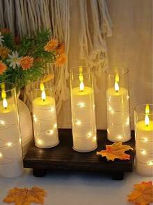 5串带遥控器的仙女灯，定时/遥控功能，电池供电，内置闪烁灯，无焰蜡烛造型，适用于桌面摆件、家居装饰、万圣节、圣诞节、情人节、母亲节、餐桌、生日、礼物、求婚、婚礼、派对等各种节日氛围营造。 - 透明-外嵌燈串 - 查看 5