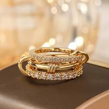 1 pieza Anillo apilable de aro de cobre con circonita, estilo casual de moda hip-hop, adecuado para uso diario, fiestas y vacaciones de mujeres - Anillos apilados de tres anillos - Ver 9