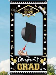 1pc 2026 Graduation Class Photo Frame, Congratulations Graduate Photo Prop, 120*60cm Vinyl Backdrop, Graduation Celebration Decor, Graduation Party Supplies, Graduation Home Decor, Holiday Party Background Decoration - Black and Gold - View 4