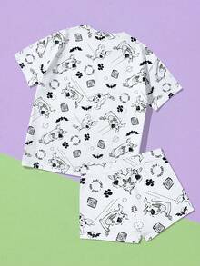 SHEIN X SCOOBY-DOO 女士卡通印花短袖上衣和短裤休闲套装 - 灰色 - 查看 2