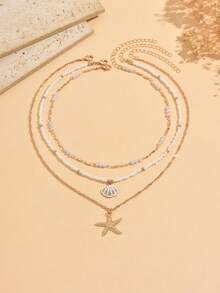 3pcs/Set Alloy Shell & Starfish Pendant Necklace, Fashionable Versatile Pearl Beaded Necklace Suitable For Beach Vacation, Daily Wear, Party And Date - Multicolor - View 2