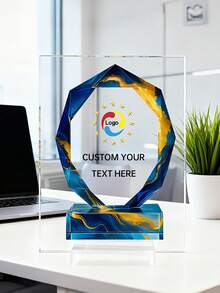 1pc Customized Acrylic Trophy, Elegant Geometric Aurora & Marble Design, High-Definition Full-Color Printed Logo & Text, Suitable For Corporate Awards, Employee Recognition, Office Display & Inspirational Desk Decor, Premium Gift For Executives, Managers And HR Teams - Multicolor - View 13