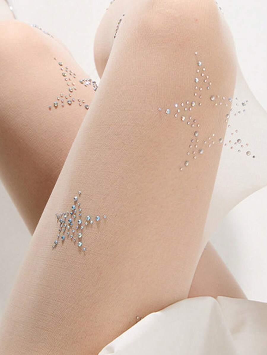 1 Pair Women's Spring Summer Star Rhinestone Sheer Tights, Sexy Shiny Nylon Stockings For Party, Festival & Daily Wear - Multicolor - View 1