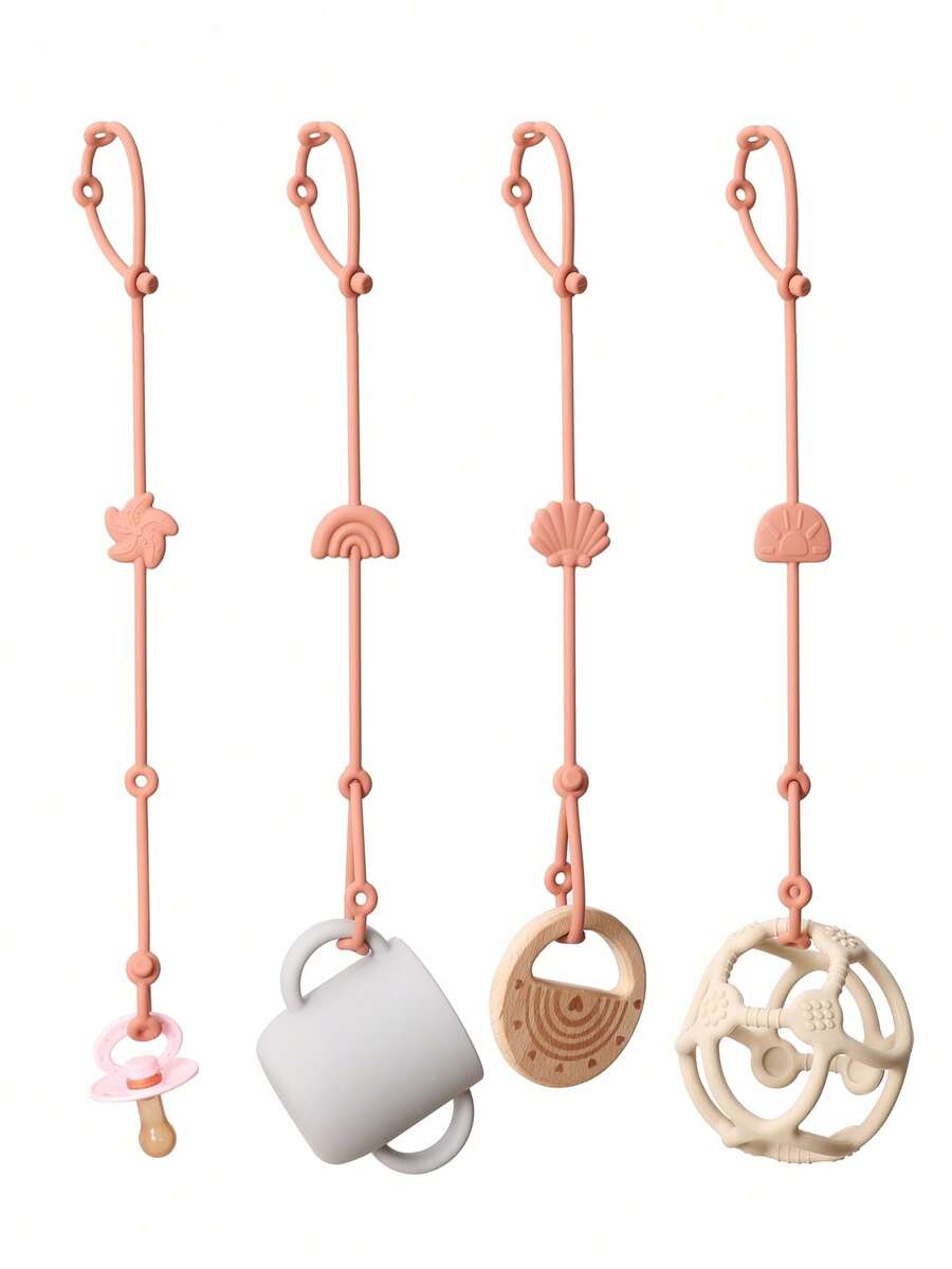 4 Pcs Silicone Pacifier Clip, Soft Straps Teething Chain Adjustable Infant Nipple Holder Dummy Clip Stroller Baby Accessories - Burnt Orange - View 1
