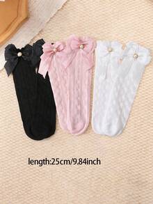 3 pares de calcetines de media caña rectos, dulces y lindos con lazo para niñas, con adorno de encaje, volantes y perlas, transpirables y anti-mosquitos, aptos para uso diario en primavera/verano - Multicolor - Ver 2