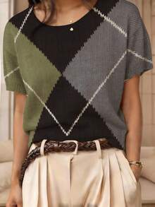 ADFHP Maglione a maniche corte da donna in stile vintage college, con stampa a blocchi di colore verde, nero e grigio, motivo a quadri a rombi, scollo tondo, adatto per uscite casual - Multicolore - Visualizzare 7