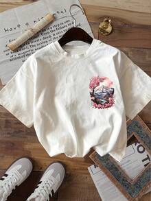 algodón puroTop casual de verano para mujer con estampado de doble cara de flores de cerezo estilo acuarela, montañas de nieve, templos antiguos y ríos, camiseta de manga corta pura con cuel - [Blanco] - Ver 2