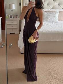 Damen einfarbiges plissiertes Neckholder-Rückenfreies Kleid, modisches elegantes figurbetontes Kleid für Sommer, Straße, Abendparty, formelle Anlässe - Rostbraun - Übersicht 6