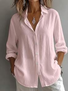 Women's Elegant Resort Style V-Neck Top, Loose And Relaxed Linen Blend Shirt, Suitable For Commuting, Casual, And Artistic Styles, Slimming And Flattering, Everyday Chic, Loose-Fitting, Draping, Breathable, Comfortable, And Relaxed Style. - 粉色 - 查看 7