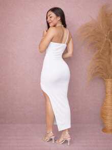 Long Draped Bodycon Dress With Single Straps And Slit - White - View 4
