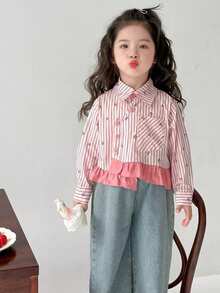 Girls Long Sleeve Blouse, Toddler/Little Young Girl Asymmetric Striped Bow Casual Shirt, Princess Versatile Daily Wear - Watermelon Pink - View 5