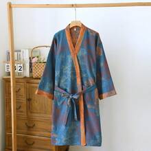 1pc Unisex 100% Cotton Kimono Collar Bathrobe, Loungewear, Sleepwear, Suitable For Home, Pool, Beach, All Seasons - Multicolor - View 2