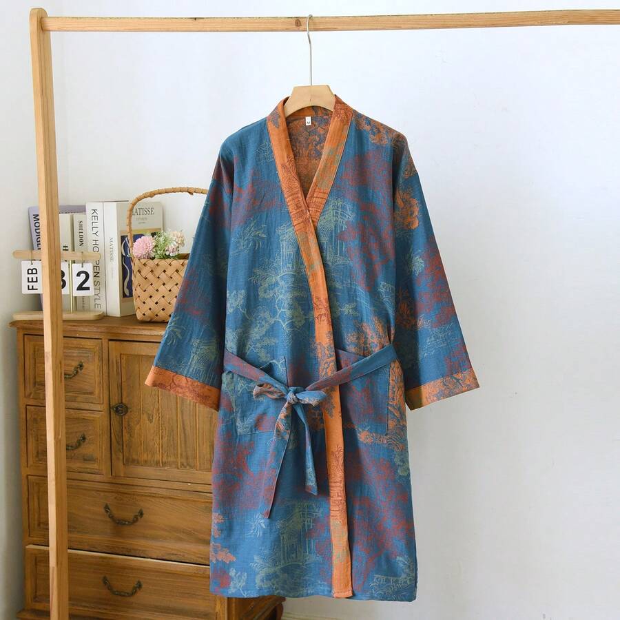 1pc Unisex 100% Cotton Kimono Collar Bathrobe, Loungewear, Sleepwear, Suitable For Home, Pool, Beach, All Seasons