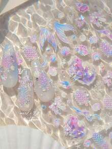 1pc Summer Mermaid Tail Nail Stickers - Shimmering Ocean Element Self-Adhesive Nail Art Stickers, Shell And Starfish Patterns, Shiny Texture, Suitable For DIY In Spring And Summer, Princess Anime Theme Style, Shimmering Nail Stickers For Spring Manicure, Mermaid Party Decor - Pink - View 4