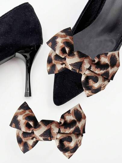 1 par de nuevos tacones altos con decoración de flor y lazo con estampado de leopardo, adecuado para sandalias, pantuflas, accesorios para el cabello, fundas de teléfono, zapatos, calcetines DIY