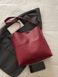 Bolso de hombro de PU de unicolor retro y versátil, bolso de cubo minimalista casual con textura - Rojo - Ver 3