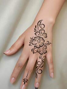 1pc Fashionable Washable Vintage Floral Henna Temporary Tattoo, Waterproof Long-Lasting Faux Hand Back Black & Gray Floral Tattoo Sticker, Suitable For People - Black - View 4