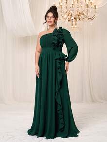 YISIKADO Plus Size Lettuce Trim One Shoulder Chiffon Dress Elegant Wedding Guest Bridesmaid Birthday Prom Party Graduation Formal Evening Dinner Ceremony - Dark Green - View 5