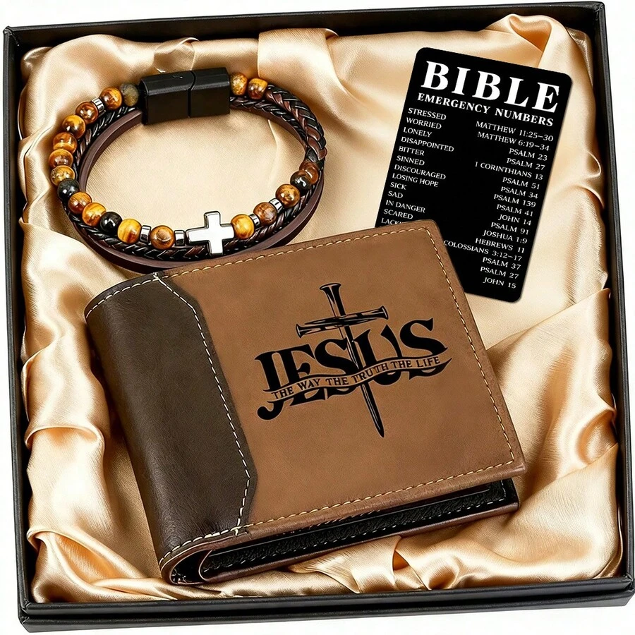 5 Styles Christian Gift Set For Men, PU Wallet & Cross Bracelet With Bible Emergency Numbers Card, Perfect For Birthday, Father's Day, Inspirational Religious Gift For Men - Brown - View 1