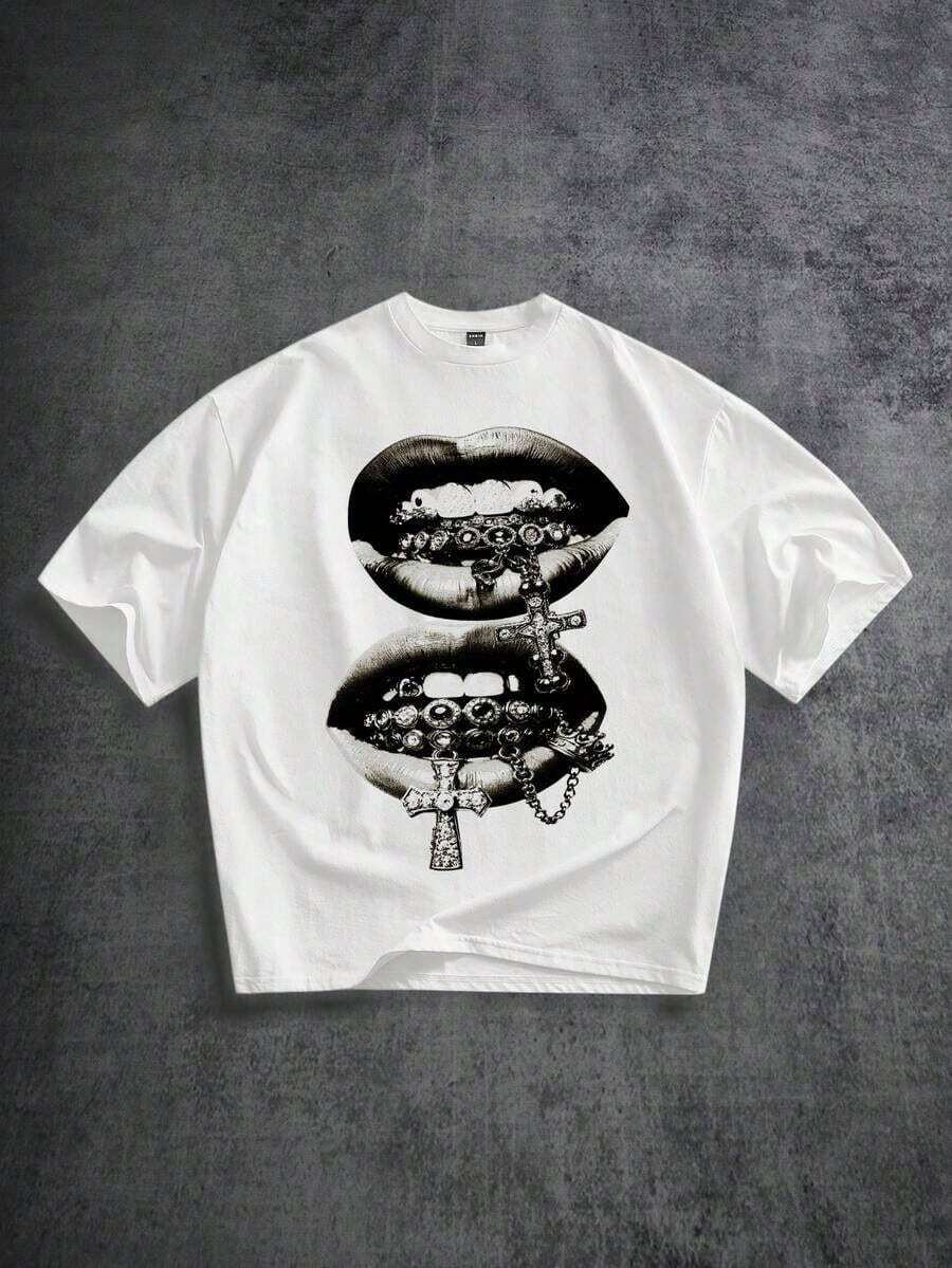2026 Manfinity T-Shirt Bianca A Maniche Corte Con Stampa Di Labbra, Strass E Croce In Stile Streetwear Oversize, Adatta Per L'estate, Regalo Divertente Per La Tua Amica O Per Te - 銀行 - 查看 1
