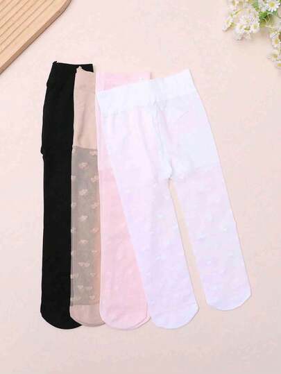 2 Pairs Baby Girls' Heart Pattern Transparent Tights, Breathable Elastic Waistband, Suitable For Daily Wear And Dress Matching