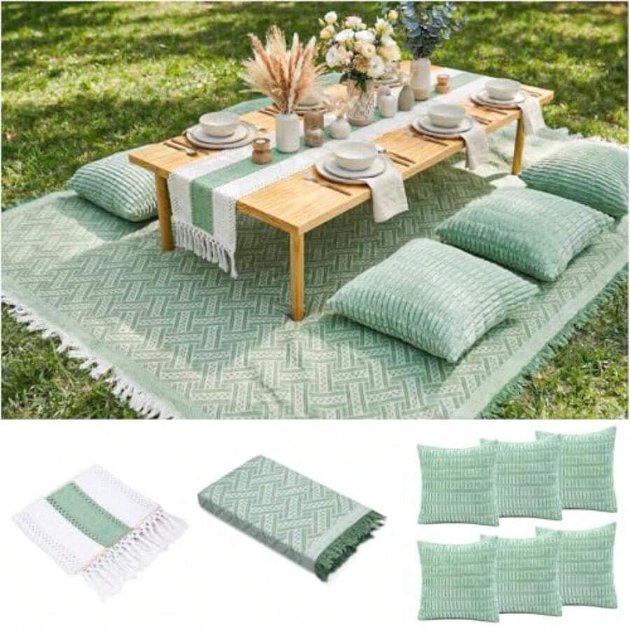 Extra Large Outdoor Boho Picnic Blanket With Table Runner And 6 Throw Pillows Covers For Outdoor Essentials Beach Accessories Basket Set Oversized Manta Yard Outside Mat Wedding Party Decor Sage Green - Sage Green - 查看 1