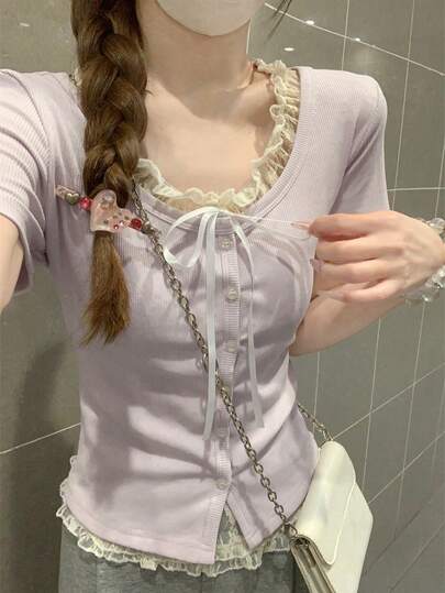 夏季韩版纯色蕾丝拼接单排扣短袖T恤上衣