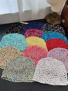 1 buah Topi Rajut Wanita Ringan Berongga dengan Hiasan Payet untuk Musim Semi/Panas, Cocok untuk Pemakaian Sehari-hari di Luar Ruangan pada Musim Semi/Panas/Gugur, Warna Payet Acak - Payet berongga - View 8
