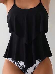 Local Delivery-New European And American Women'S Two-Piece Swimsuit Tankini Triangle Pants Coconut Tree Print Solid Color Swimwear For Women - Black - View 3