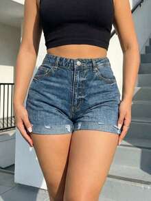 Women's High Waist Denim Shorts With Ripped & Rolled Cuff Detail, Retro Casual Design Sense, Versatile Shorts - Rửa trung bình - Xem 1