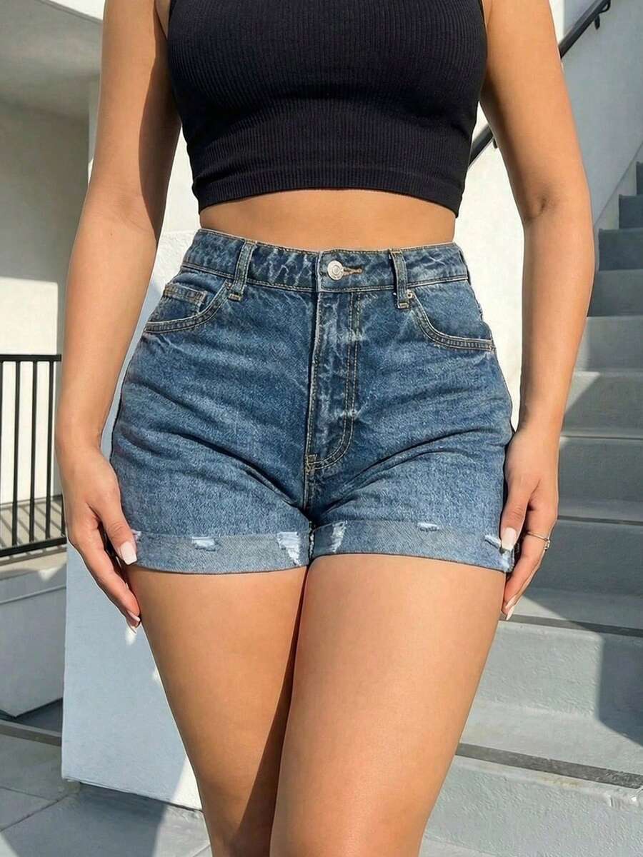 Women's High Waist Denim Shorts With Ripped & Rolled Cuff Detail, Retro Casual Design Sense, Versatile Shorts - Rửa trung bình - Xem 1